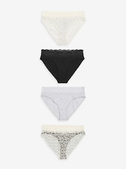 Black/Cream Print/Grey High Leg Cotton and Lace Knickers 4 Pack - Image 1 of 6
