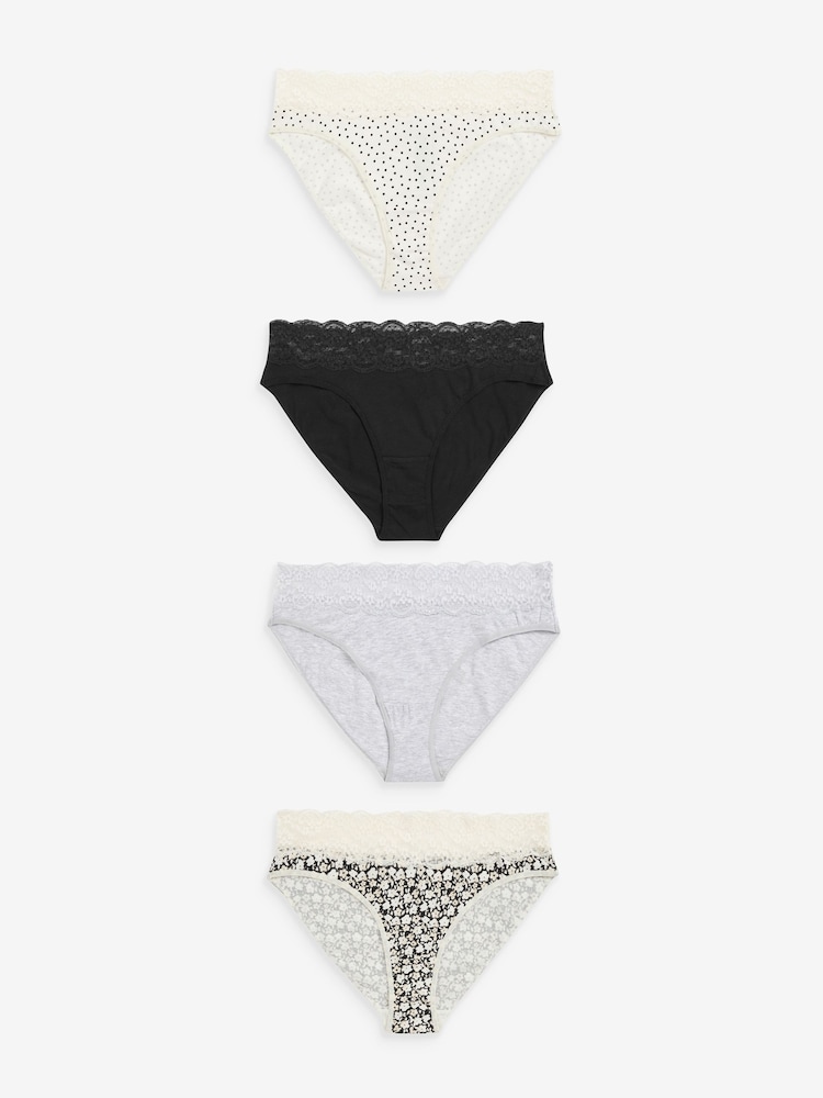 Black/Cream Print/Grey High Leg Cotton and Lace Knickers 4 Pack - Image 1 of 6