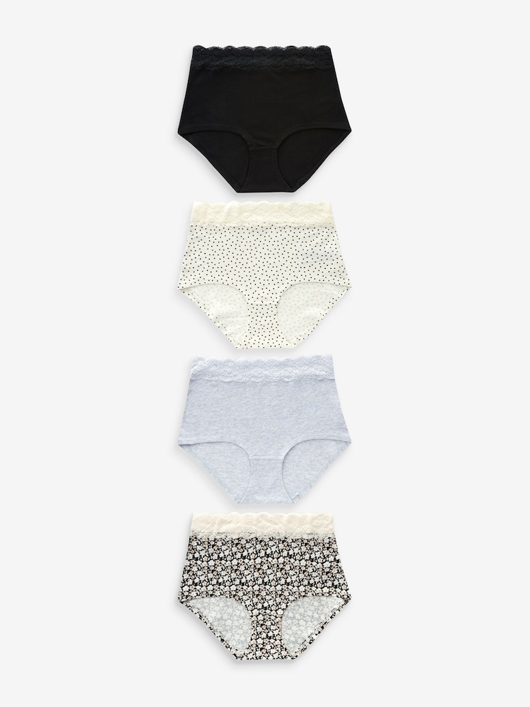 Black/Cream Print/Grey Full Brief Cotton and Lace Knickers 4 Pack - Image 1 of 5