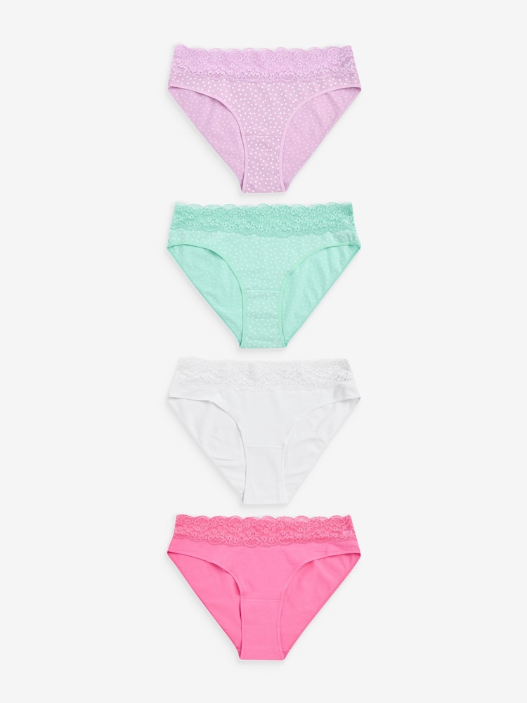 Pink/Purple/Green Spot Print High Leg Cotton and Lace Knickers 4 Pack - Image 1 of 9