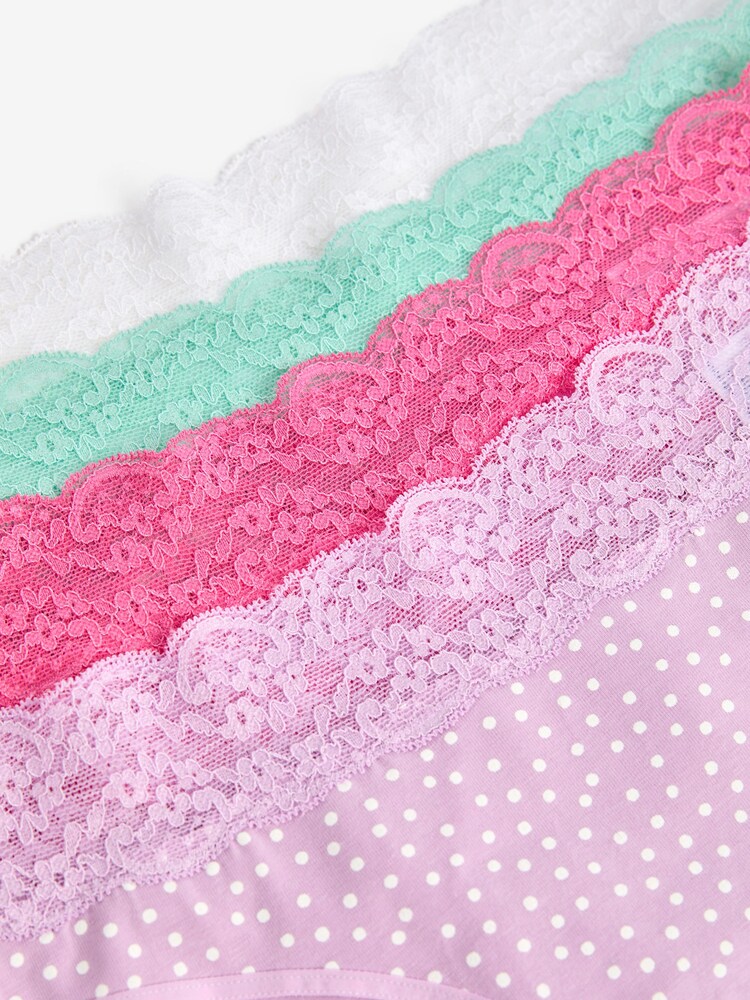 Pink/Purple/Green Spot Print High Leg Cotton and Lace Knickers 4 Pack - Image 9 of 9
