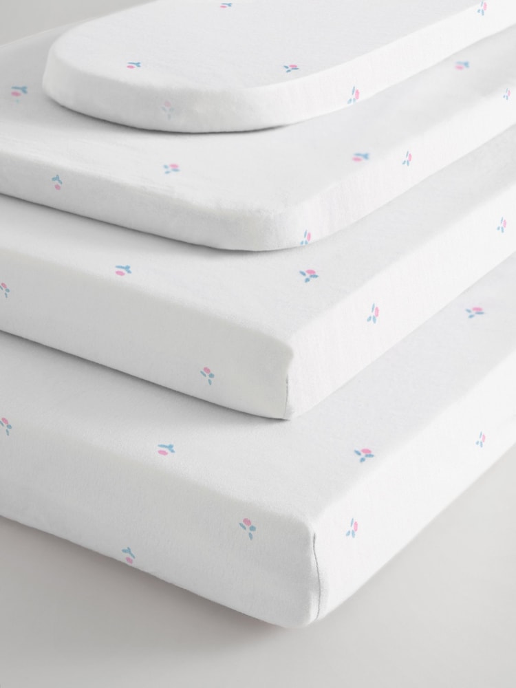 2 Pack White Floral 100% Cotton Jersey Baby Fitted Sheets - Image 1 of 7