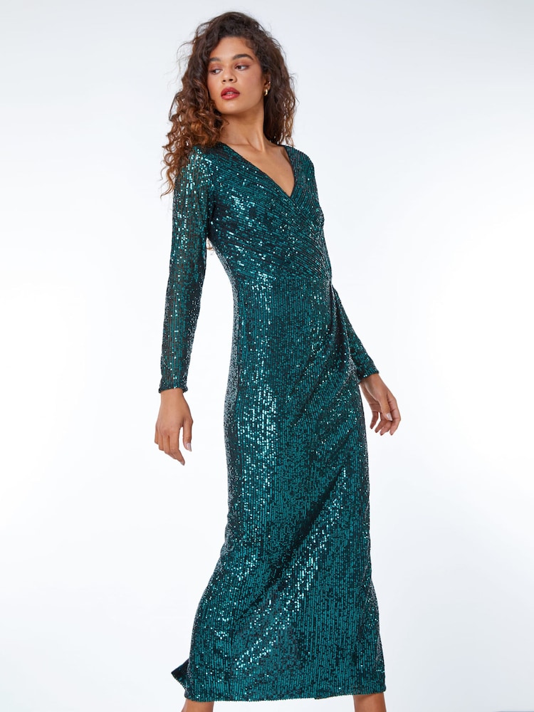 Roman Green Sequin Wrap Stretch Maxi Dress - Image 1 of 5