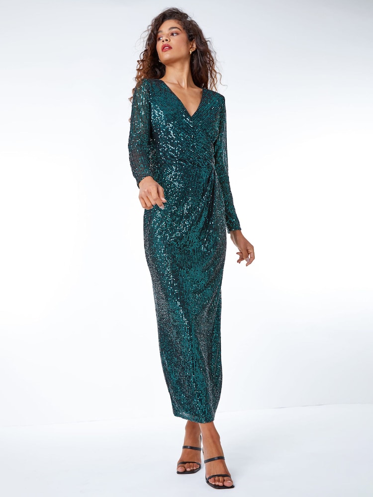 Roman Green Sequin Wrap Stretch Maxi Dress - Image 2 of 5