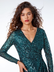 Roman Green Sequin Wrap Stretch Maxi Dress - Image 4 of 5