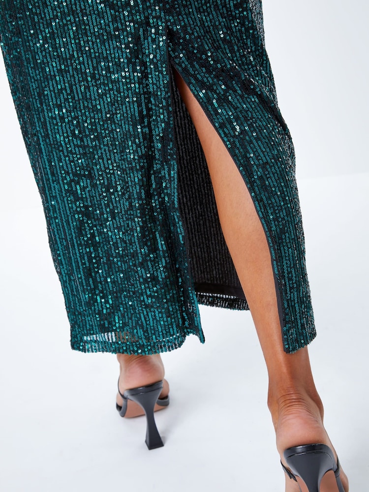 Roman Green Sequin Wrap Stretch Maxi Dress - Image 5 of 5 Roman Green Sequin Wrap Stretch Maxi Dress - Image 5 of 5