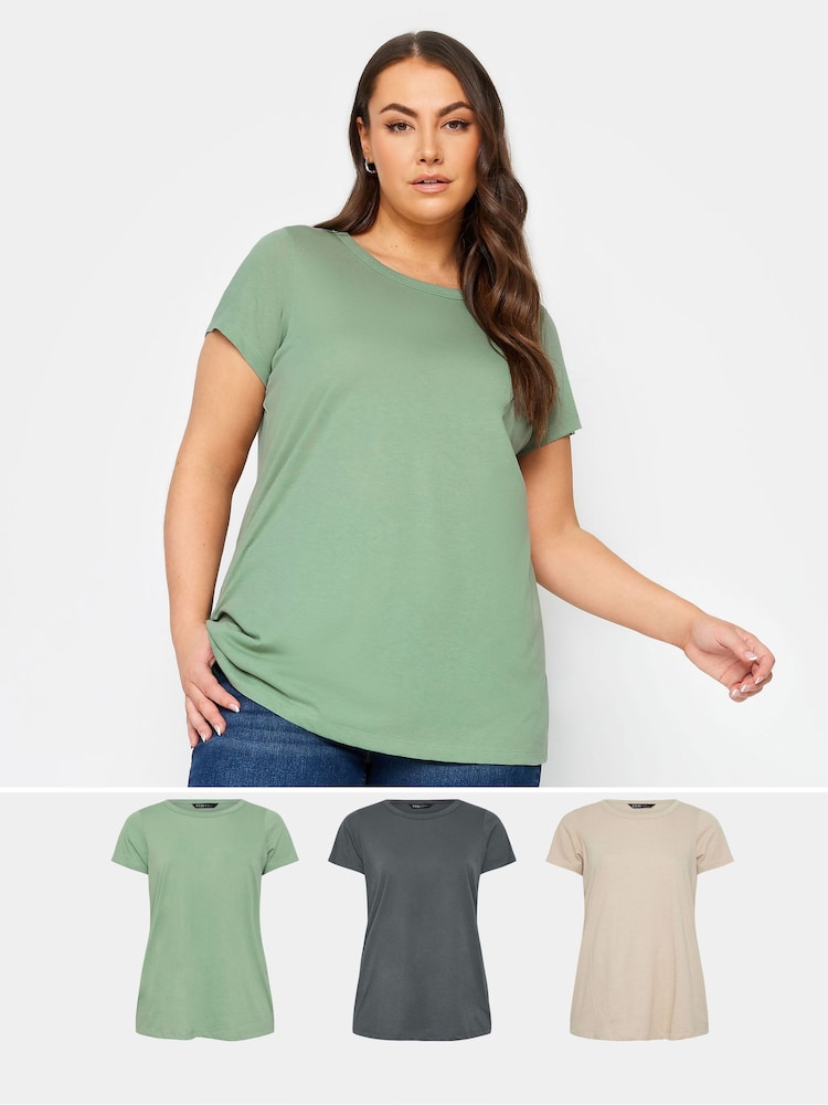 Yours Curve Green 3 Pack Core Basic T-Shirt - Image 1 of 5