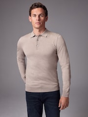 Neutral Slim Fit Knitted Long Sleeve Polo Shirt - Image 1 of 7