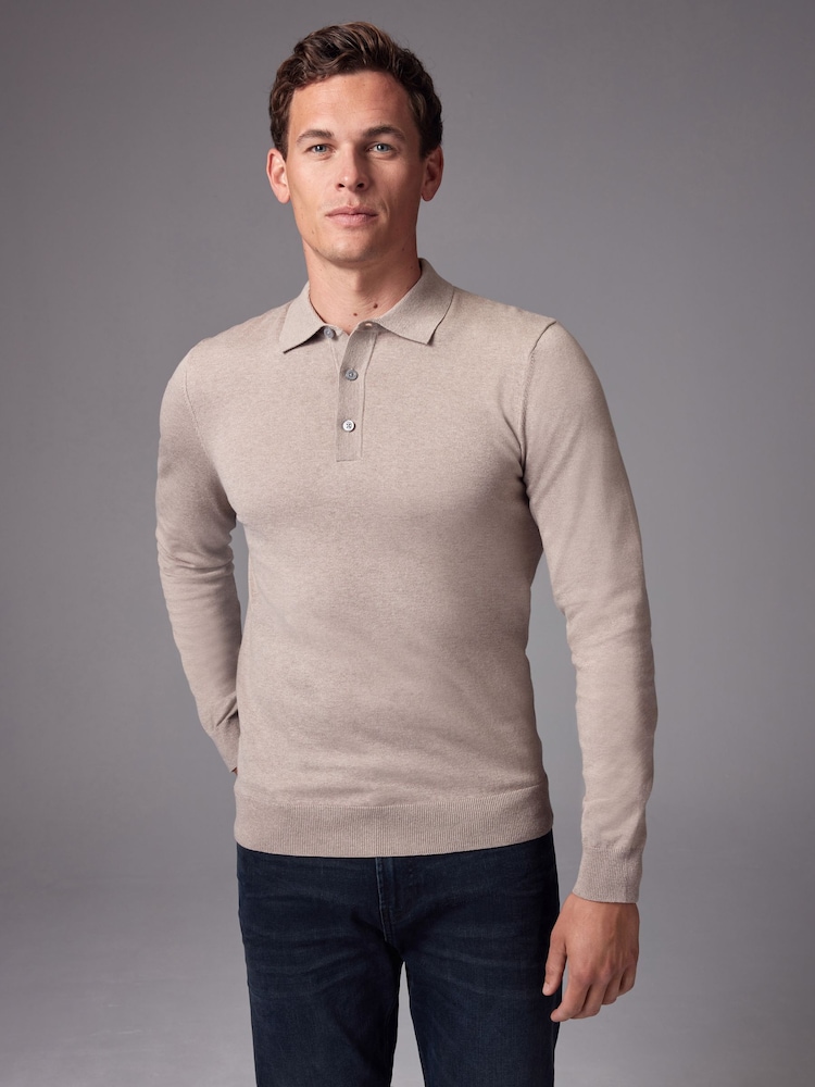 Neutral Slim Fit Knitted Long Sleeve Polo Shirt - Image 1 of 7