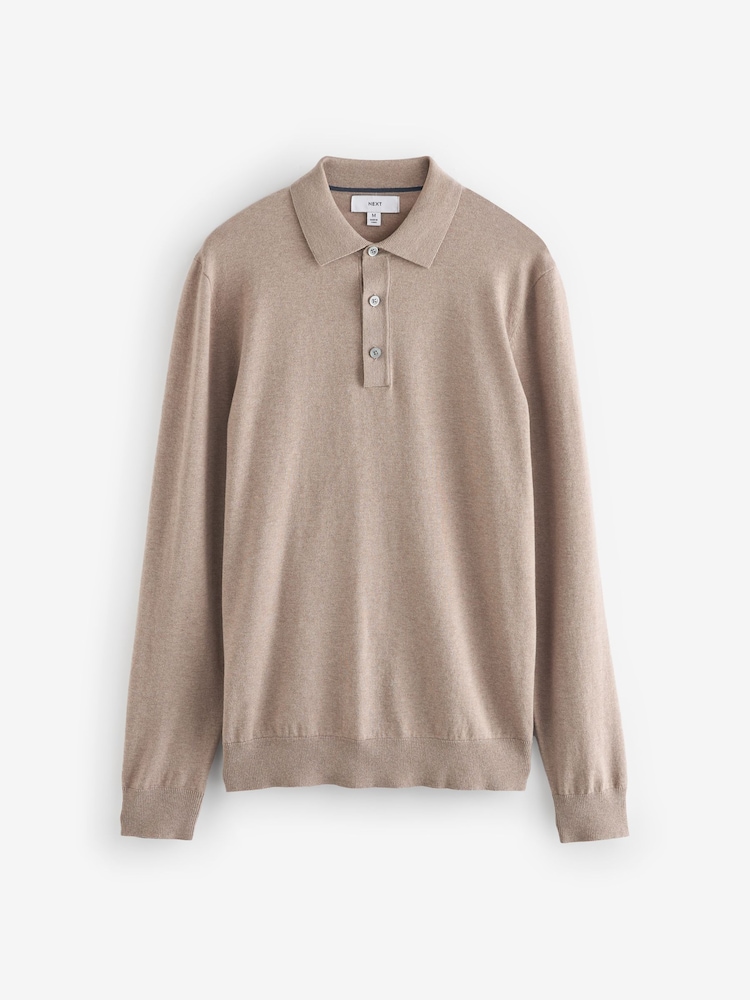Neutral Slim Fit Knitted Long Sleeve Polo Shirt - Image 5 of 7