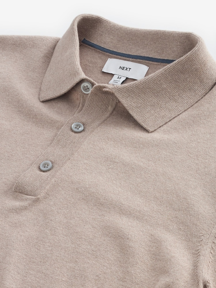 Neutral Slim Fit Knitted Long Sleeve Polo Shirt - Image 6 of 7
