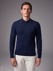 Blue Navy Slim Fit Knitted Long Sleeve Polo Shirt - Image 1 of 8