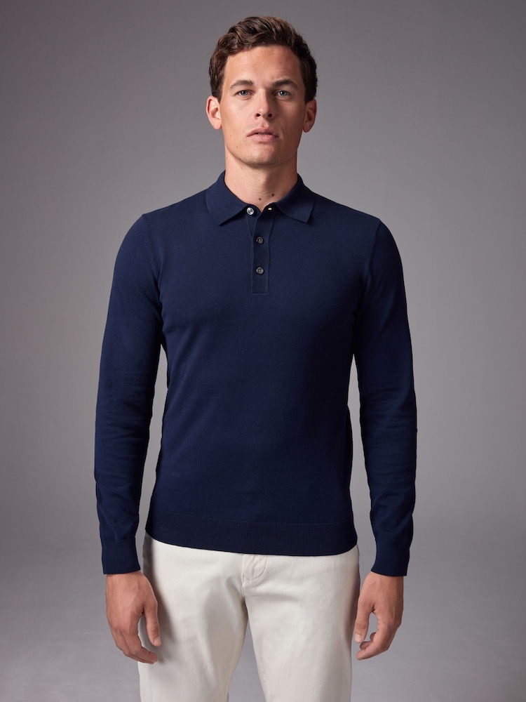 Blue Navy Slim Fit Knitted Long Sleeve Polo Shirt - Image 1 of 8