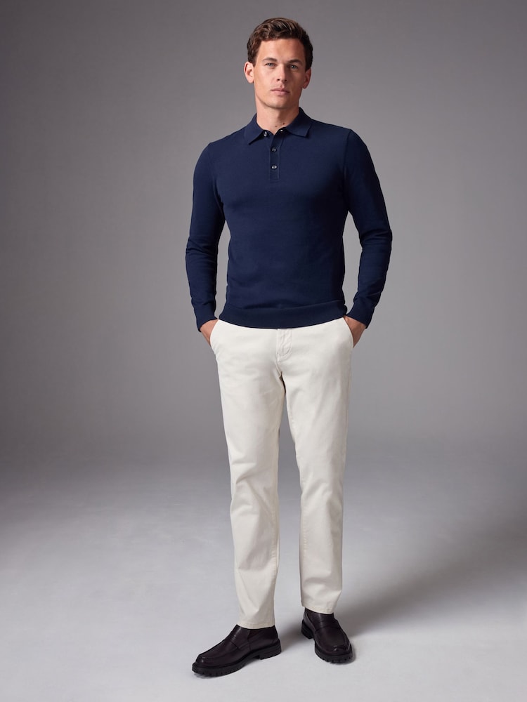 Blue Navy Slim Fit Knitted Long Sleeve Polo Shirt - Image 2 of 8
