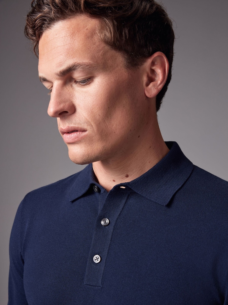 Blue Navy Slim Fit Knitted Long Sleeve Polo Shirt - Image 4 of 8