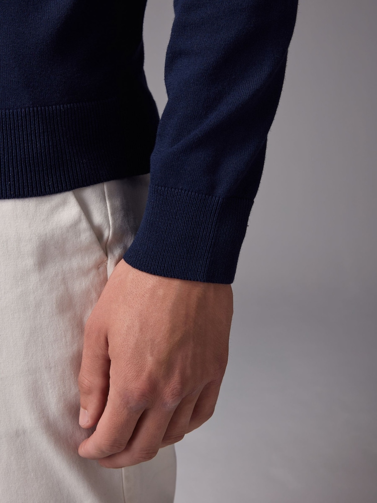 Blue Navy Slim Fit Knitted Long Sleeve Polo Shirt - Image 5 of 8