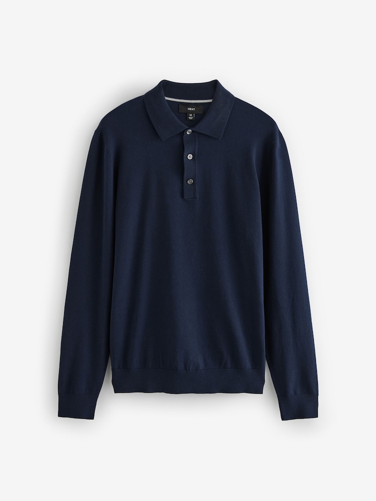 Blue Navy Slim Fit Knitted Long Sleeve Polo Shirt - Image 6 of 8