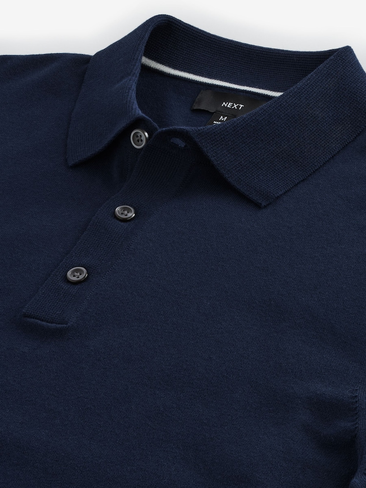 Blue Navy Slim Fit Knitted Long Sleeve Polo Shirt - Image 7 of 8