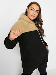 Yours Curve Black Colourblock Teddy Hoodie - Image 1 of 4