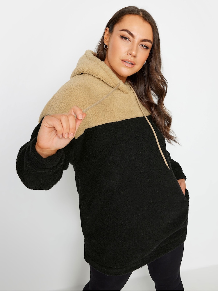 Yours Curve Black Colourblock Teddy Hoodie - Image 1 of 4