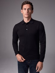 Black Slim Fit Knitted Long Sleeve Polo Shirt - Image 1 of 8