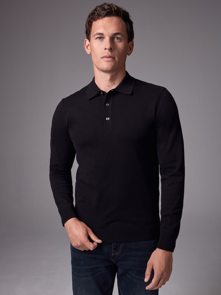 Black Slim Fit Knitted Long Sleeve Polo Shirt - Image 1 of 8