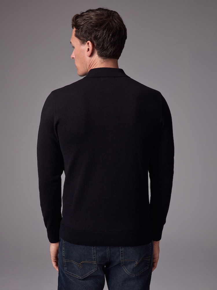 Black Slim Fit Knitted Long Sleeve Polo Shirt - Image 3 of 8