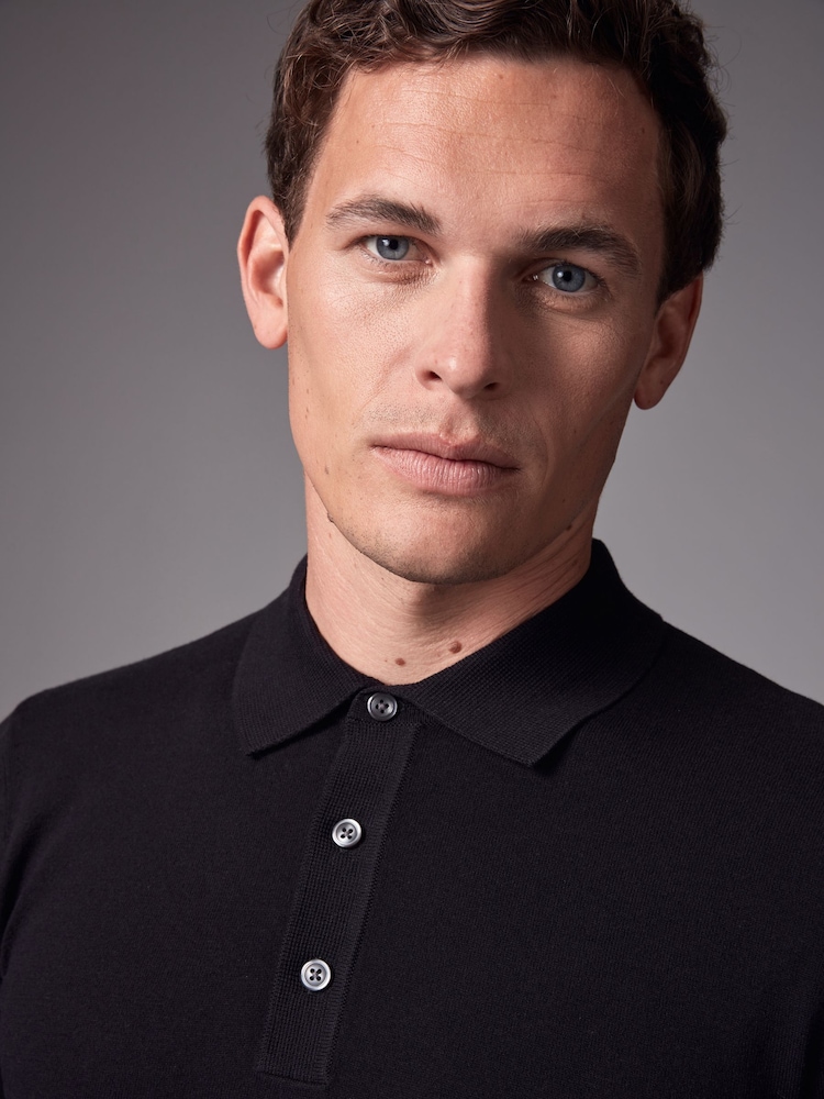 Black Slim Fit Knitted Long Sleeve Polo Shirt - Image 4 of 8
