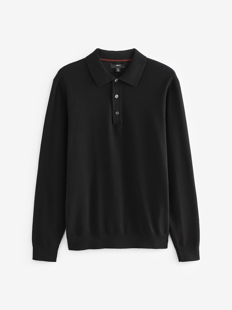 Black Slim Fit Knitted Long Sleeve Polo Shirt - Image 6 of 8