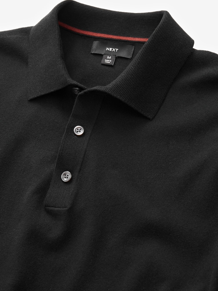 Black Slim Fit Knitted Long Sleeve Polo Shirt - Image 7 of 8