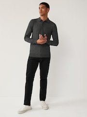 Grey Charcoal Slim Fit Knitted Long Sleeve Polo Shirt - Image 2 of 7