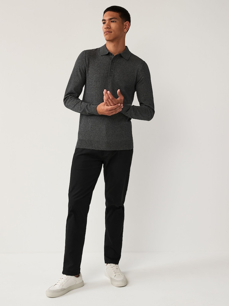 Grey Charcoal Slim Fit Knitted Long Sleeve Polo Shirt - Image 2 of 7