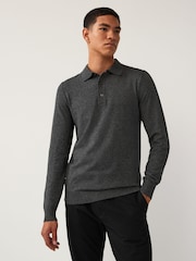 Grey Charcoal Slim Fit Knitted Long Sleeve Polo Shirt - Image 3 of 7