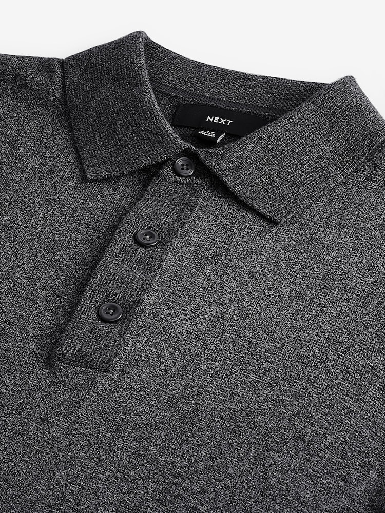Grey Charcoal Slim Fit Knitted Long Sleeve Polo Shirt - Image 7 of 7