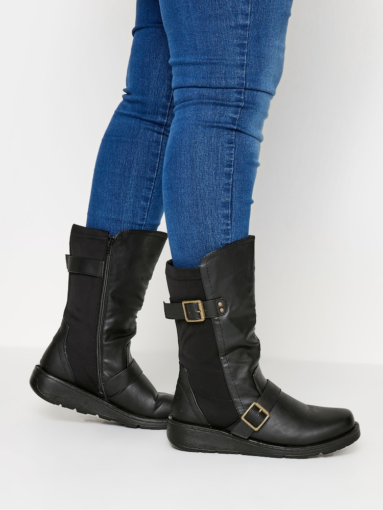 Yours Curve Black Extra-Wide Fit Low Wedge Buckle Boots - Image 1 of 5