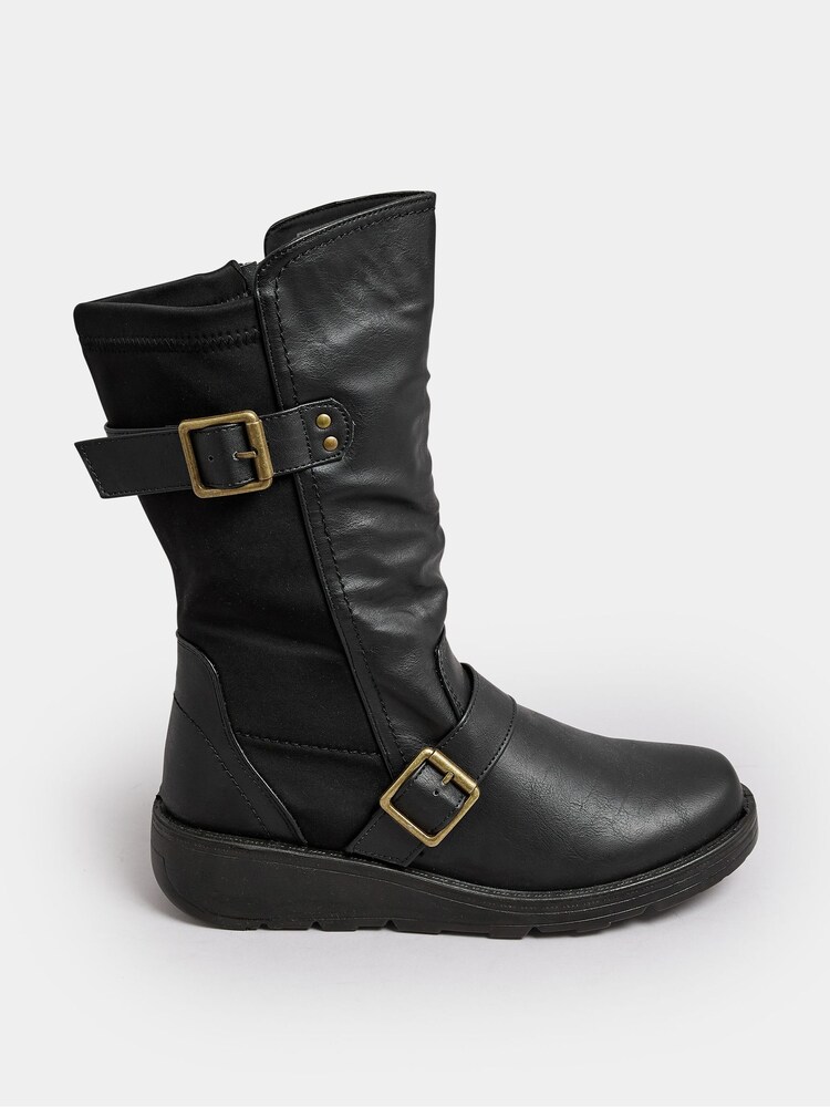 Yours Curve Black Extra-Wide Fit Low Wedge Buckle Boots - Image 2 of 5