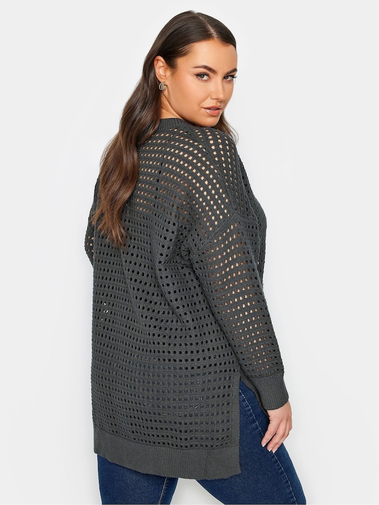 Yours Curve Grey Side Split Crochet Jumper - Image 3 of 4