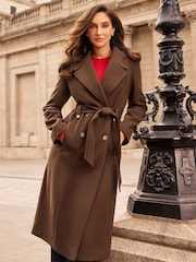 Lipsy Brown Double Breasted Long Line Belted Coat - Image 1 of 6