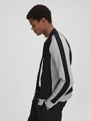 Reiss Navy/Grey Pelham Colourblock Jersey Bomber Jacket - Image 1 of 6