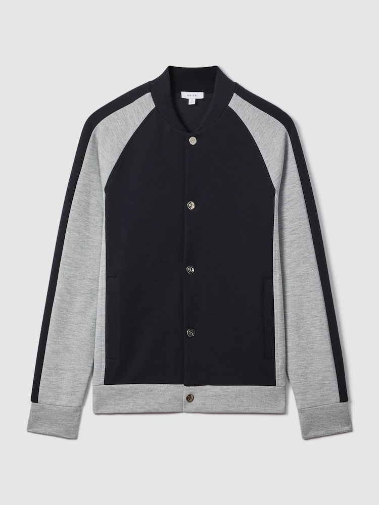 Reiss Navy/Grey Pelham Colourblock Jersey Bomber Jacket - Image 2 of 6