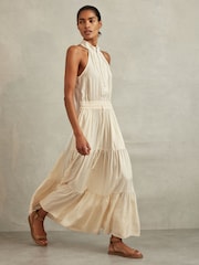 Reiss Neutral Taylor Drawstring Waist Tiered Midi Dress - Image 1 of 6