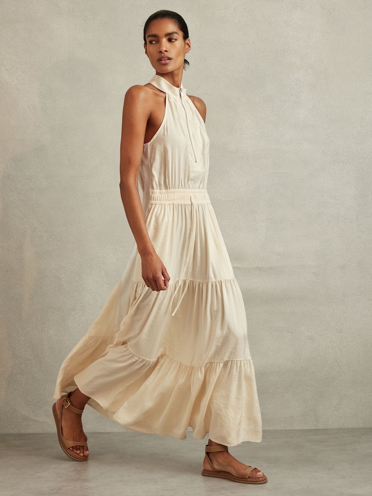 Reiss Neutral Taylor Drawstring Waist Tiered Midi Dress - Image 1 of 6