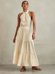 Reiss Neutral Taylor Drawstring Waist Tiered Midi Dress - Image 4 of 6