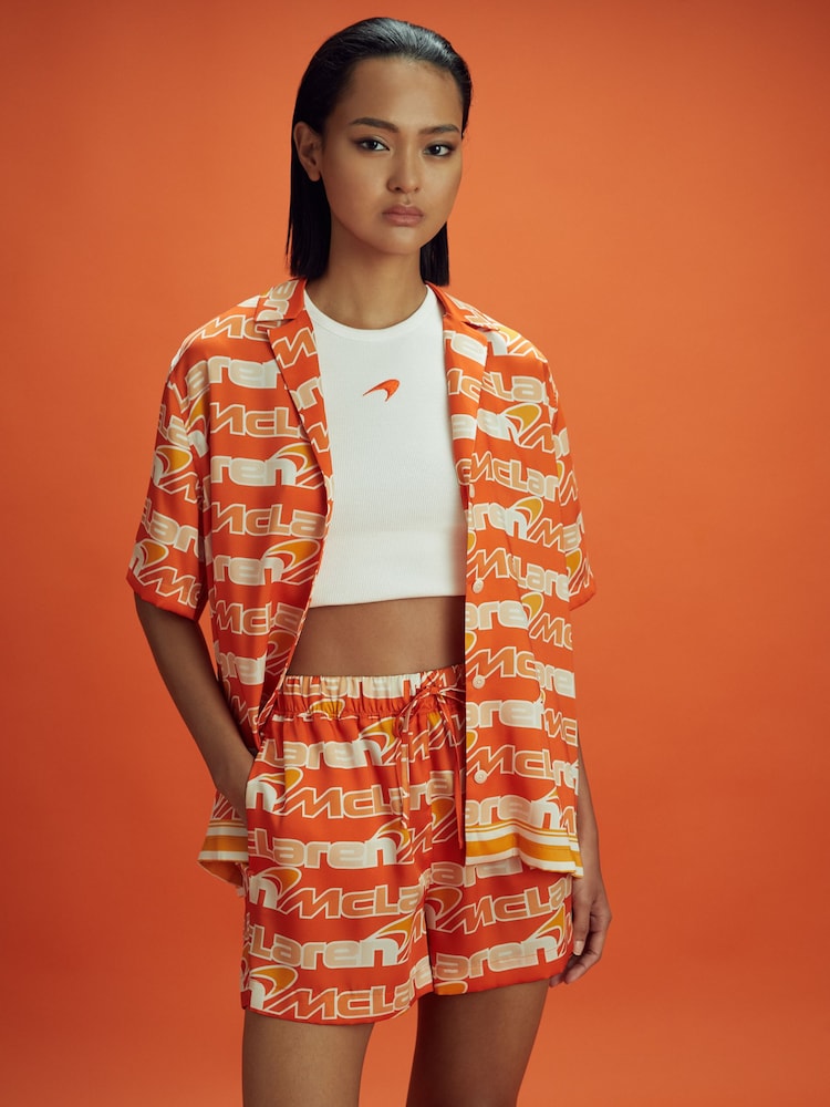 Reiss x McLaren F1 Team Papaya Multi Printed Drawstring Shirt - Image 1 of 6