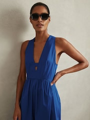 Reiss Cobalt Blue Yana Cotton Blend High-Low Midi Dress - Image 4 of 6