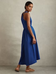 Reiss Cobalt Blue Yana Cotton Blend High-Low Midi Dress - Image 5 of 6