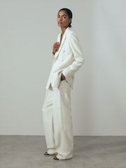 Reiss White Sienna Italian Double Breasted Textured Suit Blazer with Silk - Image 1 of 6