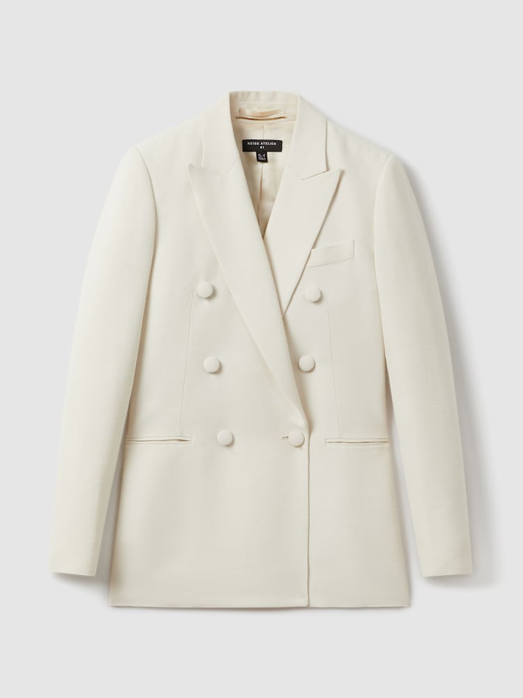 Reiss White Sienna Italian Double Breasted Textured Suit Blazer with Silk - Image 2 of 6