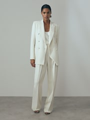 Reiss White Sienna Italian Double Breasted Textured Suit Blazer with Silk - Image 3 of 6