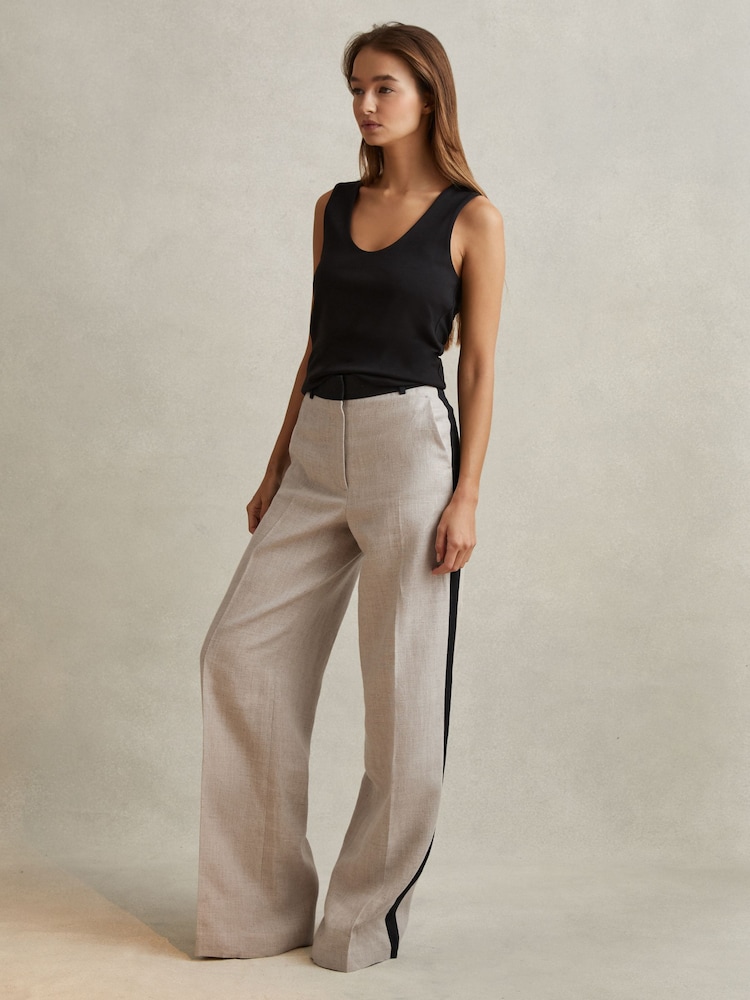 Reiss Neutral Luella Petite Colourblock Linen Wide Leg Trousers - Image 1 of 7 Reiss Neutral Luella Petite Colourblock Linen Wide Leg Trousers - Image 1 of 7